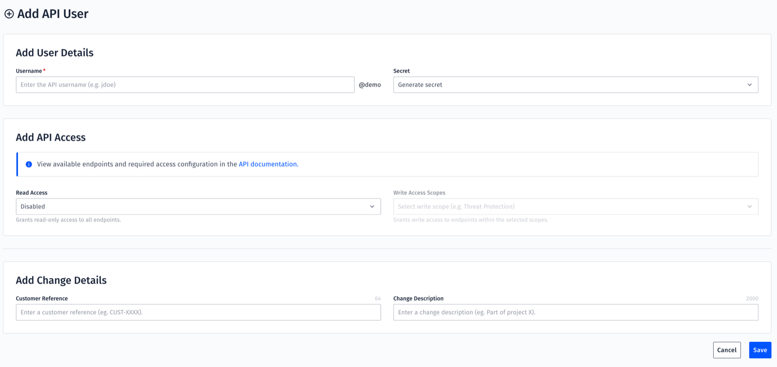 Mission Control: Add API User form with username, secret generation, read access and write access scopes