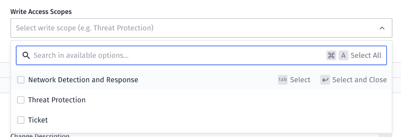 Selecting write access scopes such as Threat Protection or Ticket for an API User