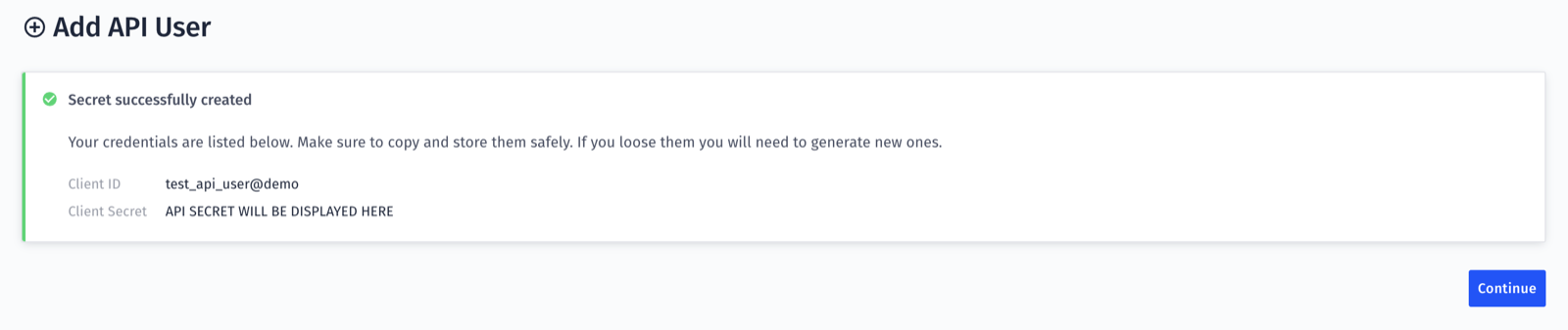 Mission Control shows the generated client ID and client secret once after saving